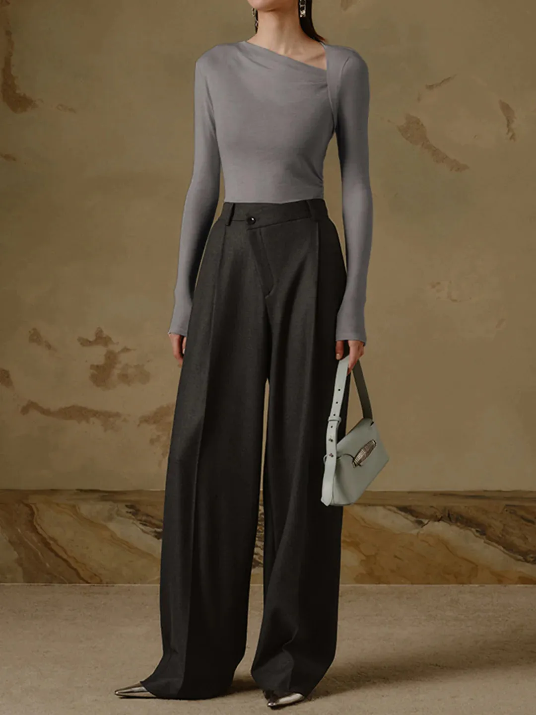 Ribbed Knit Long Sleeve Asymmetric Shirt
