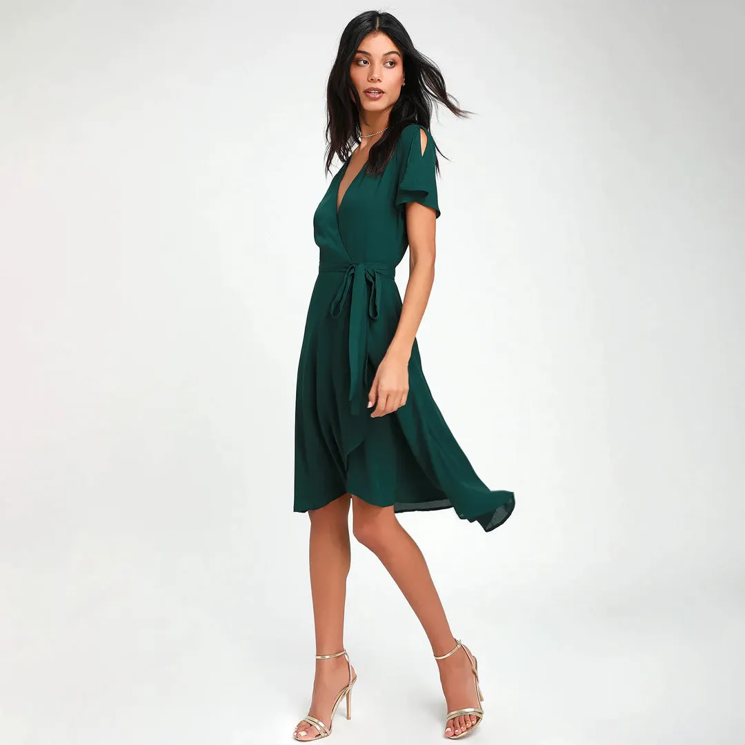 Rise to the Occasion Emerald Green Midi Wrap Dress