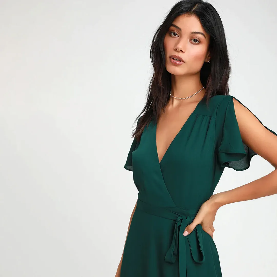 Rise to the Occasion Emerald Green Midi Wrap Dress