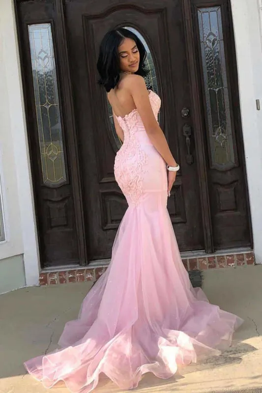 Romantic Pink Sweetheart Sleeveless Lace Mermaid Prom Dresses with Train