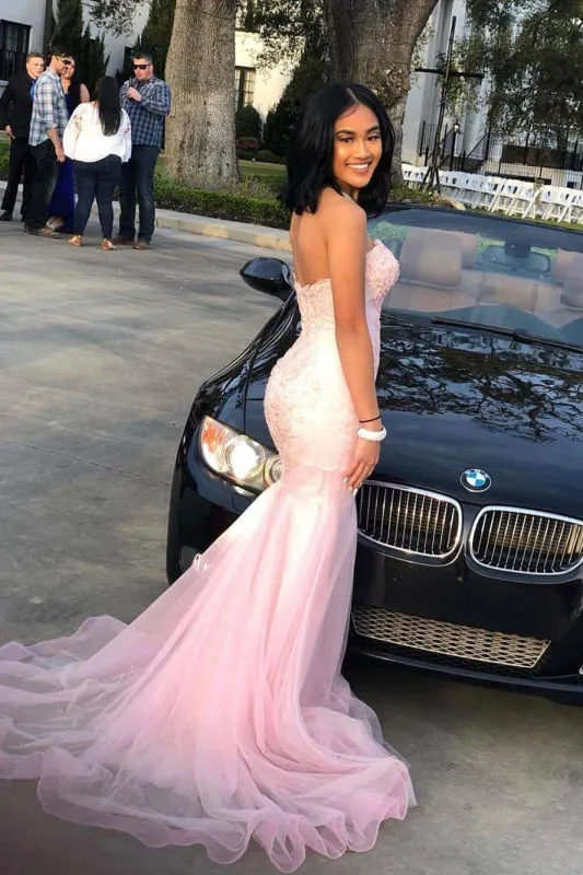 Romantic Pink Sweetheart Sleeveless Lace Mermaid Prom Dresses with Train