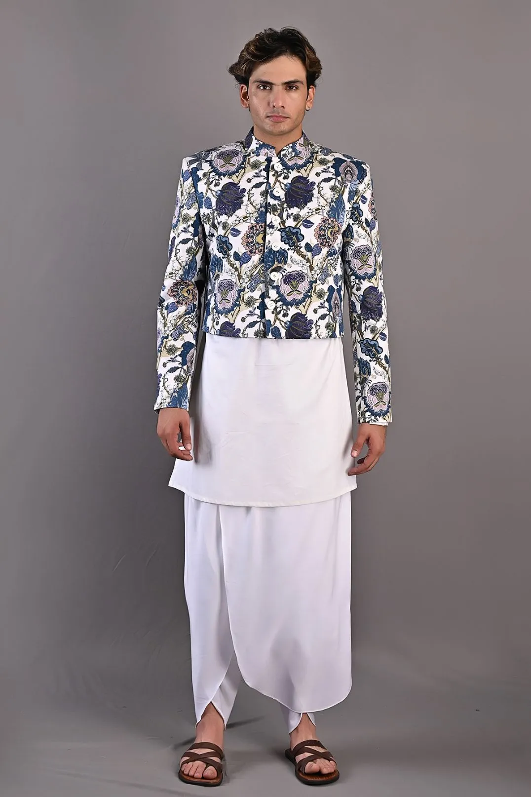 Roosevelt - Multi Blue Printed Short Jacket With Off White Kurta & Tulip Pant Set