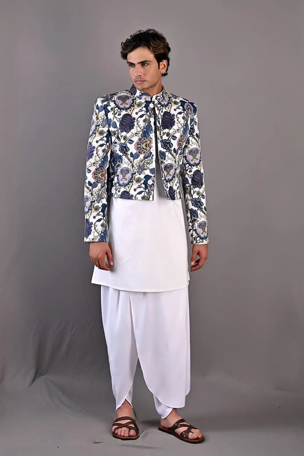 Roosevelt - Multi Blue Printed Short Jacket With Off White Kurta & Tulip Pant Set