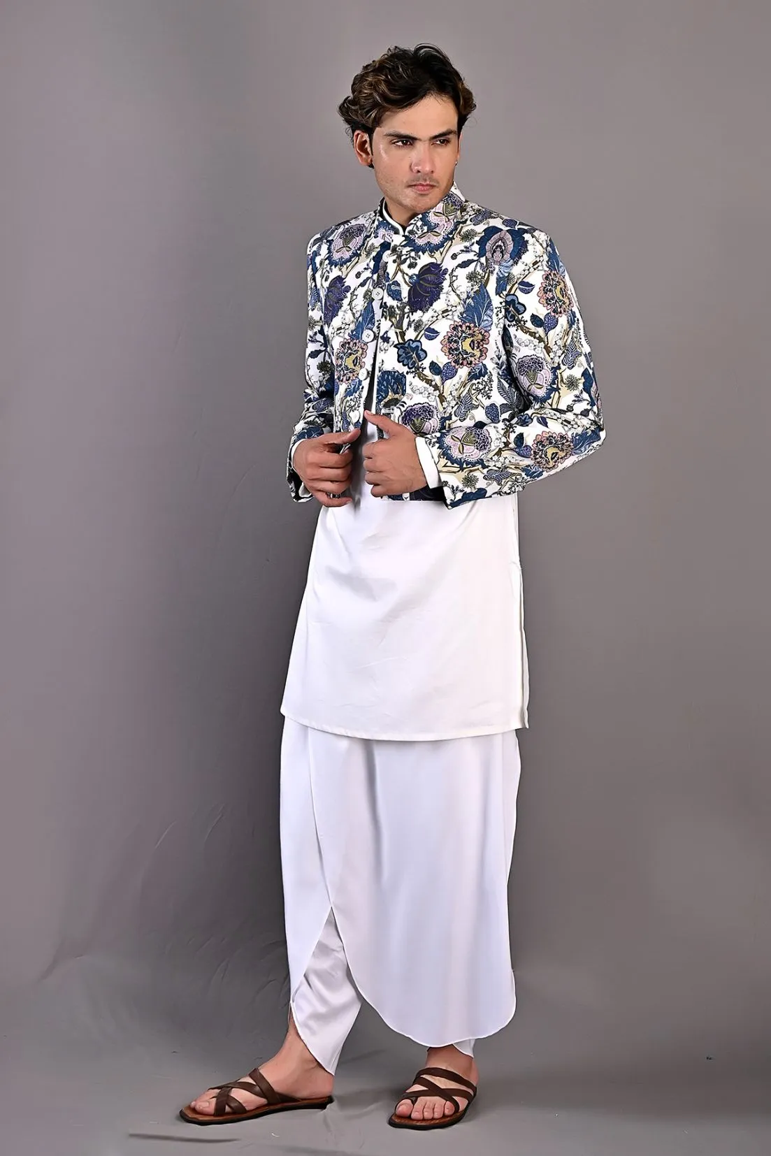 Roosevelt - Multi Blue Printed Short Jacket With Off White Kurta & Tulip Pant Set