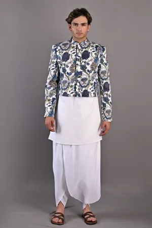 Roosevelt - Multi Blue Printed Short Jacket With Off White Kurta & Tulip Pant Set