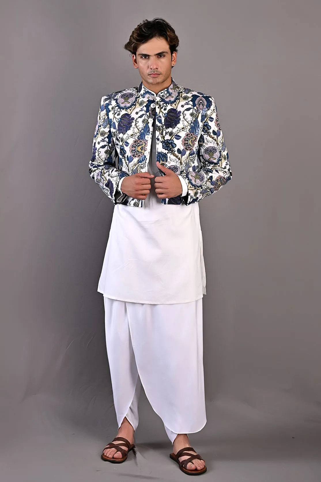 Roosevelt - Multi Blue Printed Short Jacket With Off White Kurta & Tulip Pant Set