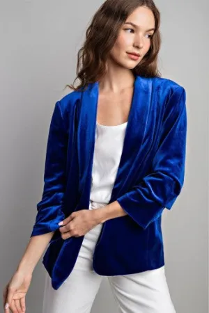 Royal Blue Ruched Sleeve Velvet Blazer