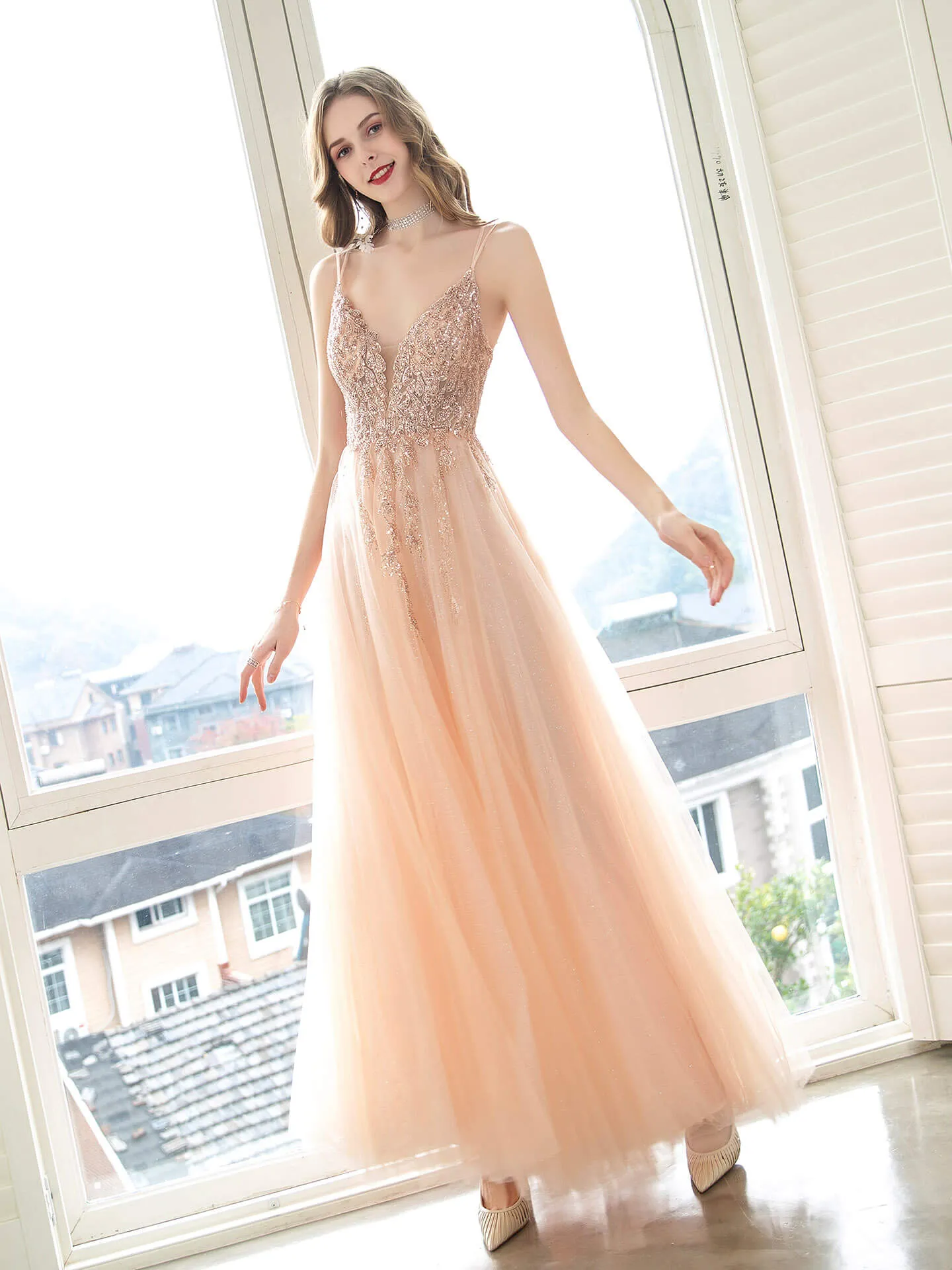 Roycebridal A-Line Glittering Fairy Engagement Prom Dress Spaghetti Strap Sleeveless Floor Length Tulle with Pleats Sequin