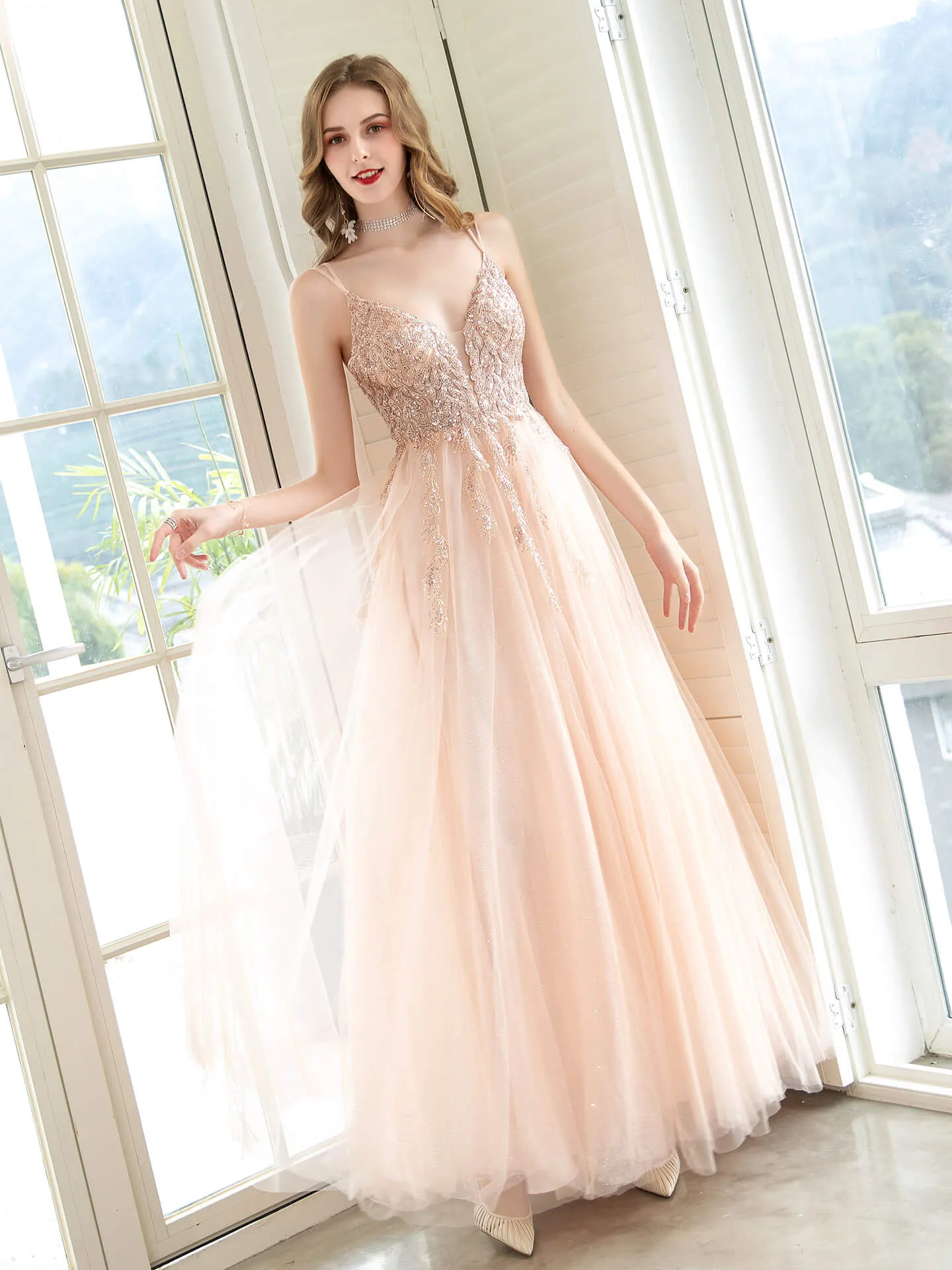 Roycebridal A-Line Glittering Fairy Engagement Prom Dress Spaghetti Strap Sleeveless Floor Length Tulle with Pleats Sequin