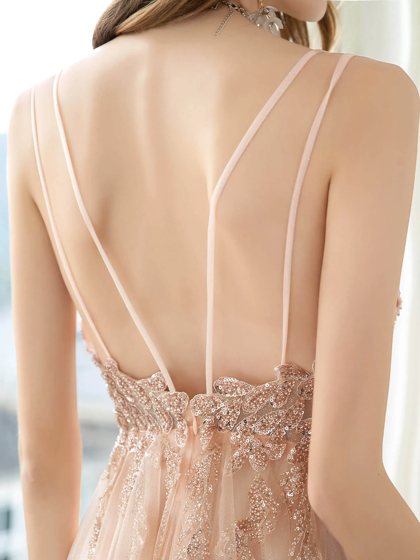 Roycebridal A-Line Glittering Fairy Engagement Prom Dress Spaghetti Strap Sleeveless Floor Length Tulle with Pleats Sequin