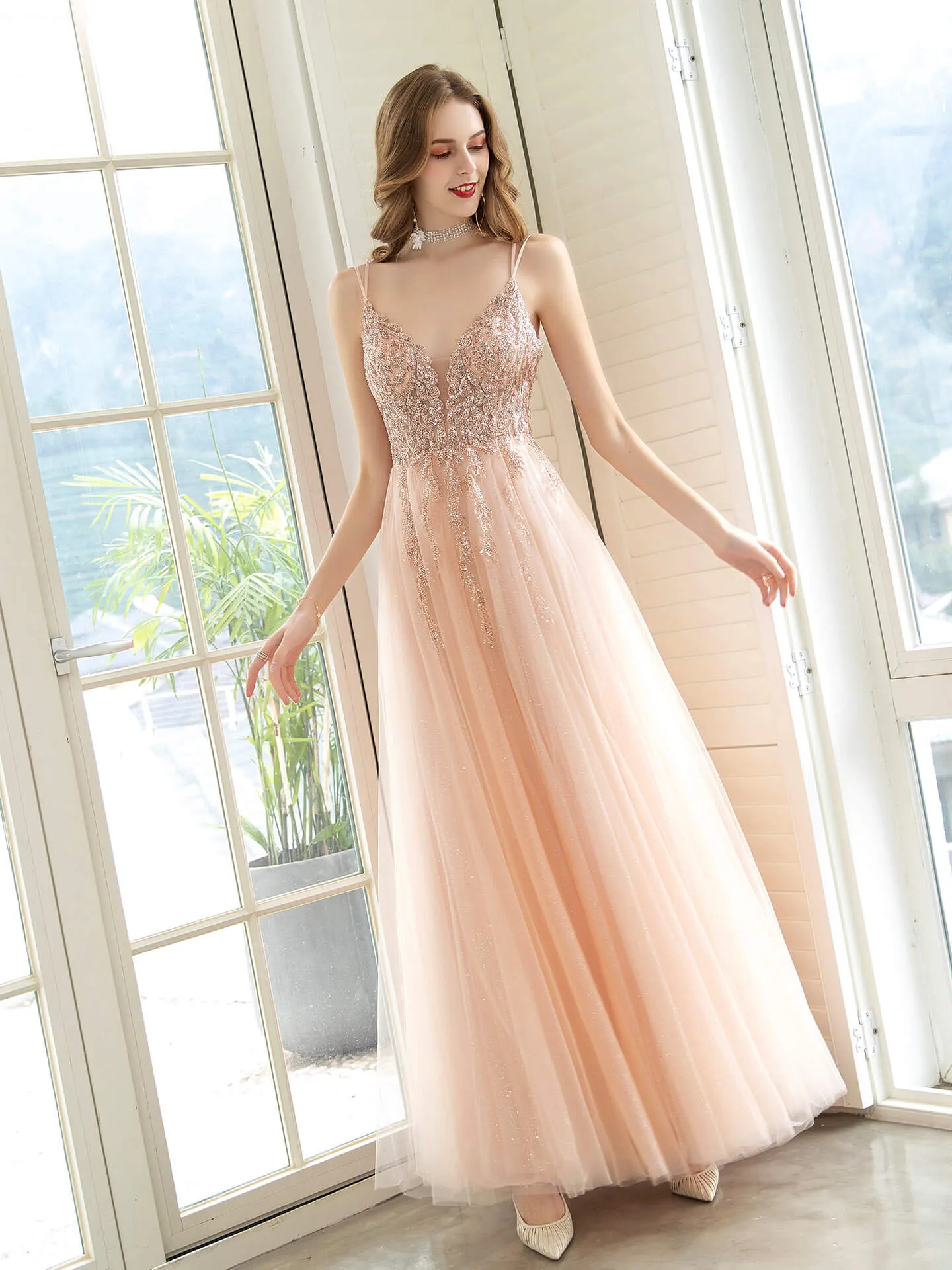 Roycebridal A-Line Glittering Fairy Engagement Prom Dress Spaghetti Strap Sleeveless Floor Length Tulle with Pleats Sequin