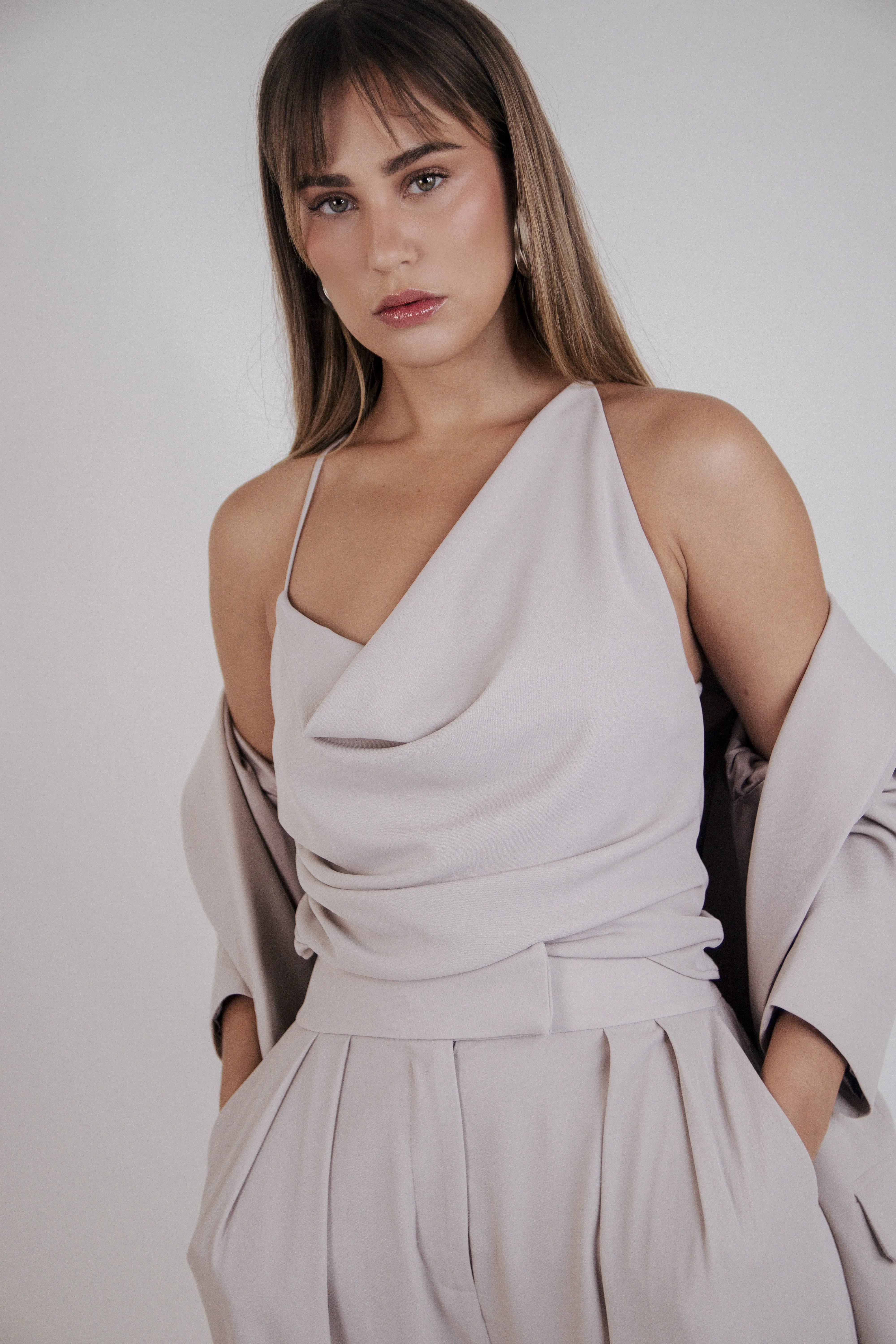 Ruched Cowl Top in Stone