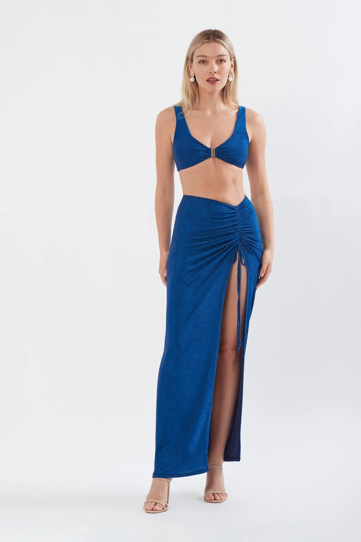 RUCHED MAXI SKIRT IN MOROCCAN BLUE