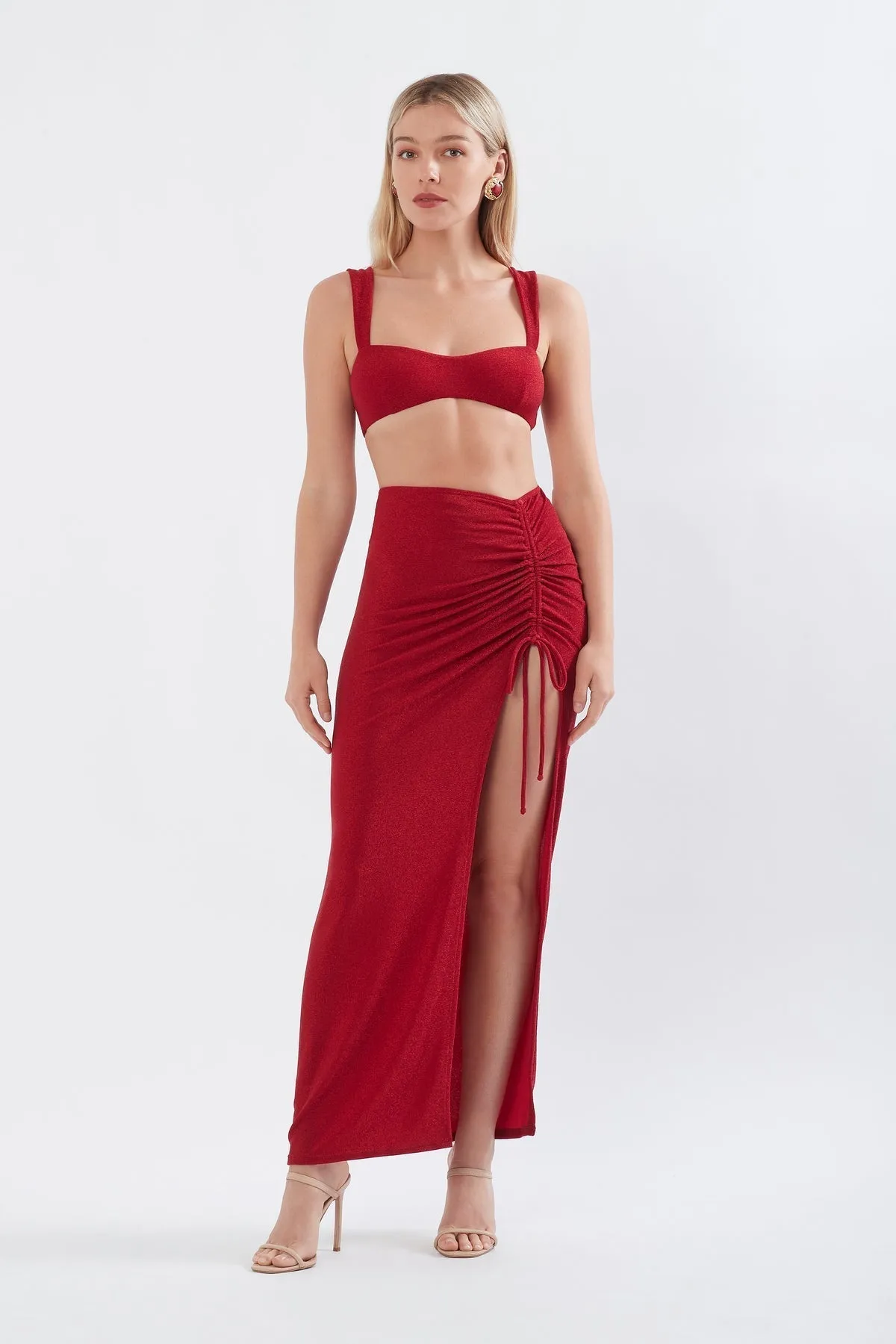 RUCHED SKIRT IN RED SHIMMER