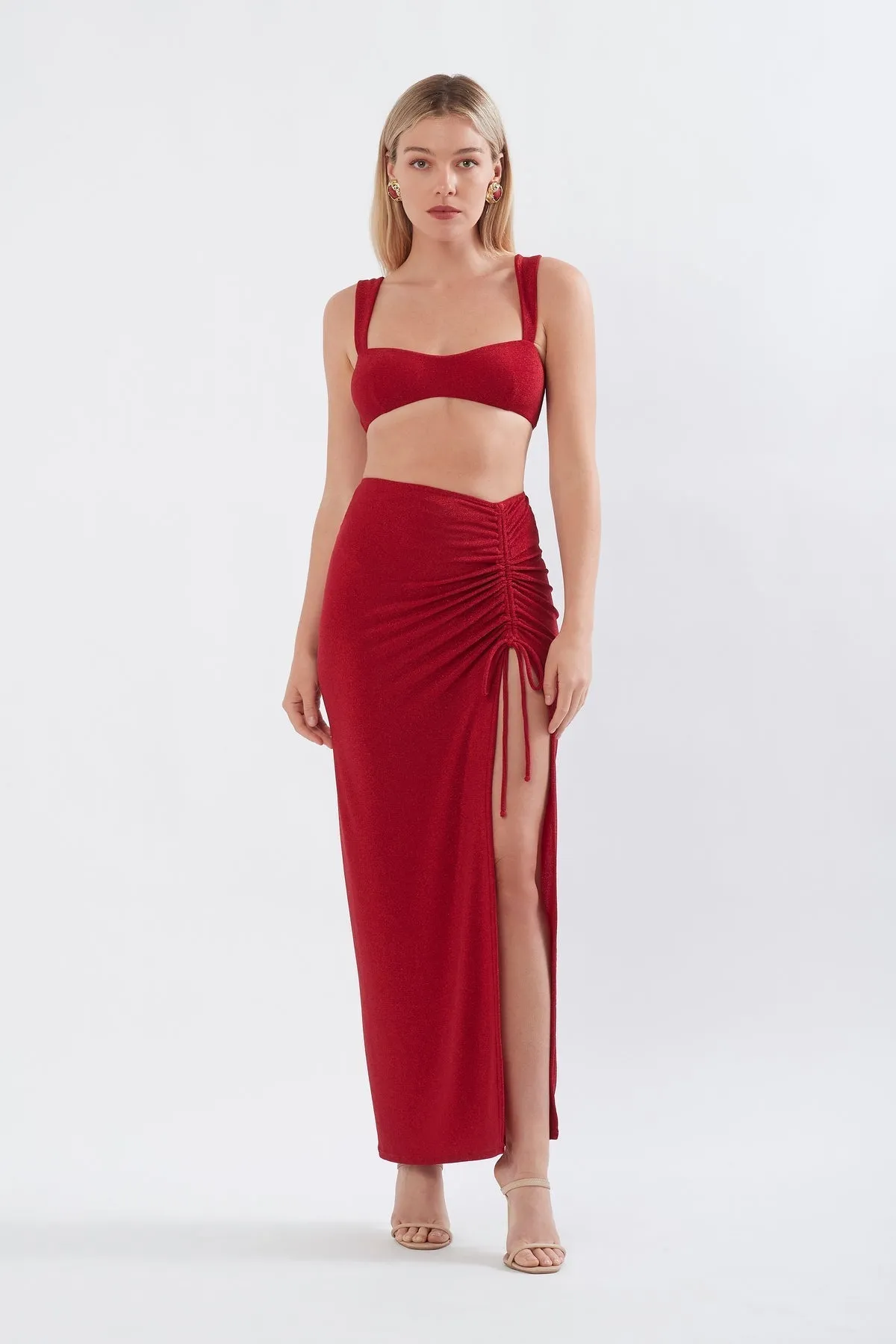 RUCHED SKIRT IN RED SHIMMER