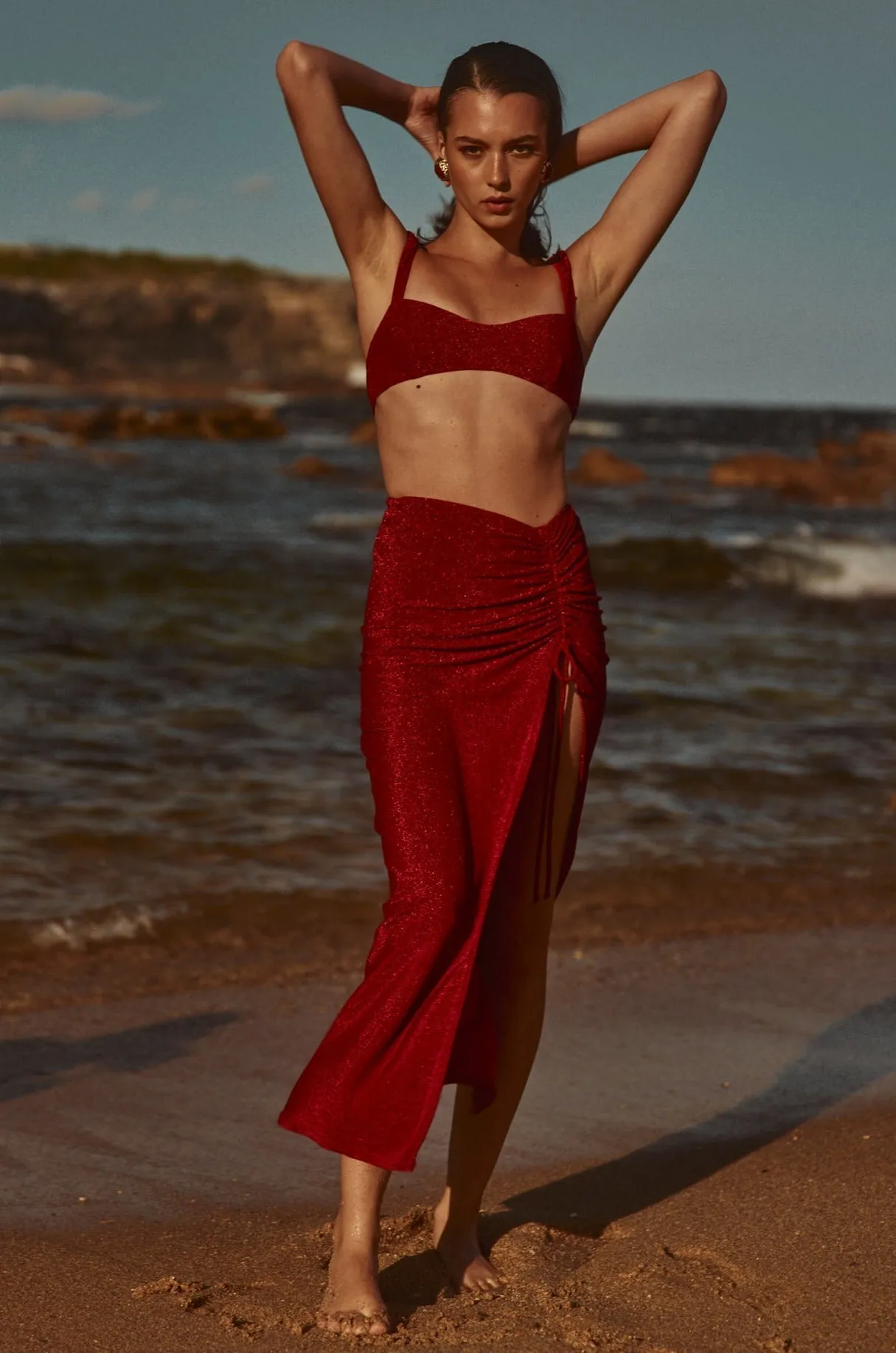 RUCHED SKIRT IN RED SHIMMER