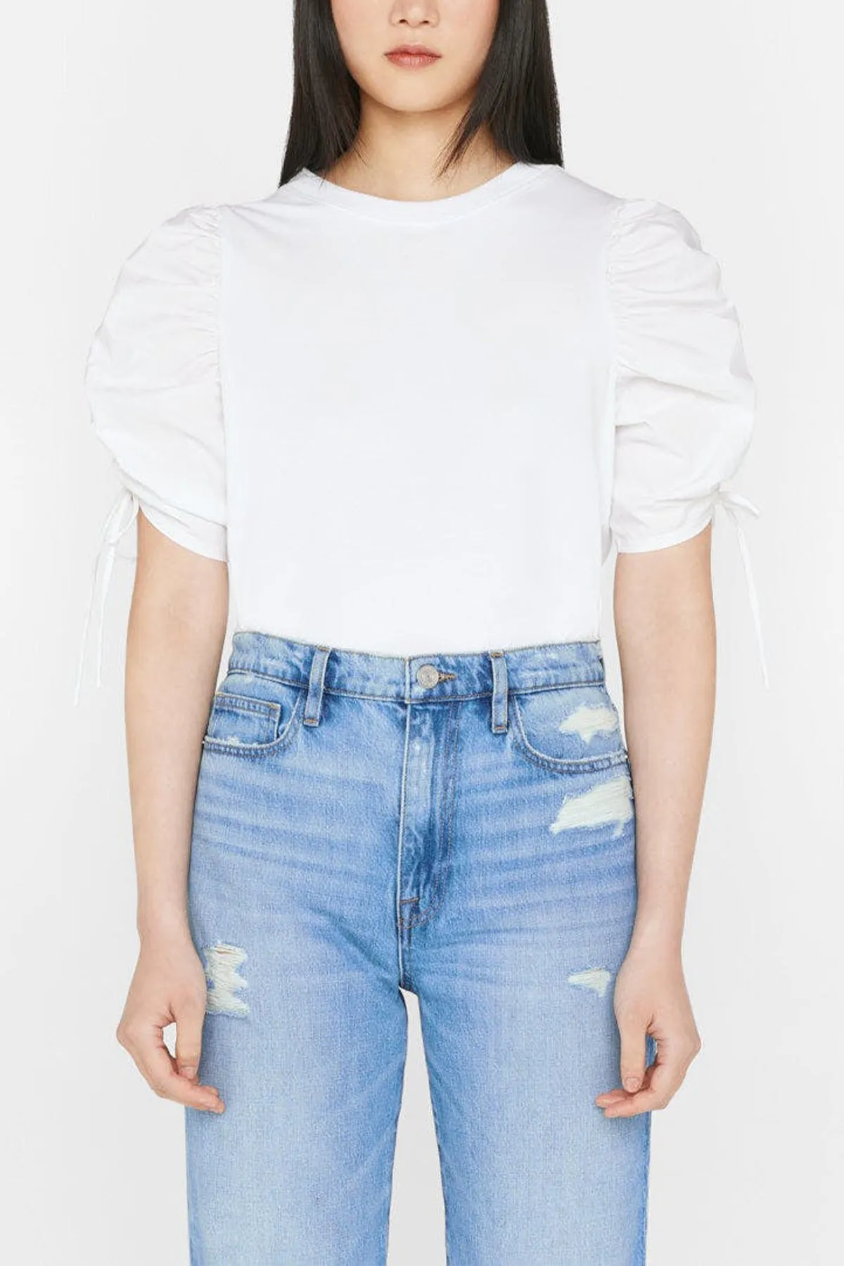 Ruched Tie Sleeve Tee in Blanc