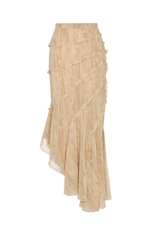 Ruffled Asymmetric Mid-Rise Maxi Skirt in Tan Print