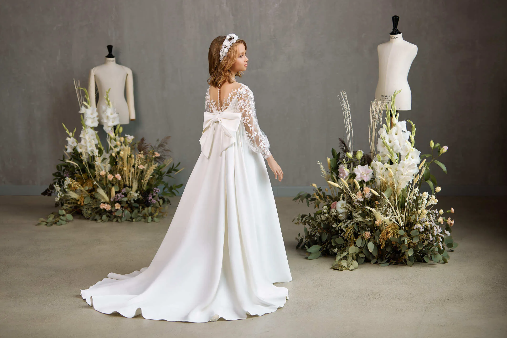 SADBURY – A-LINE COMMUNION DRESS WITH SHEER FLORAL PUFF SLEEVES