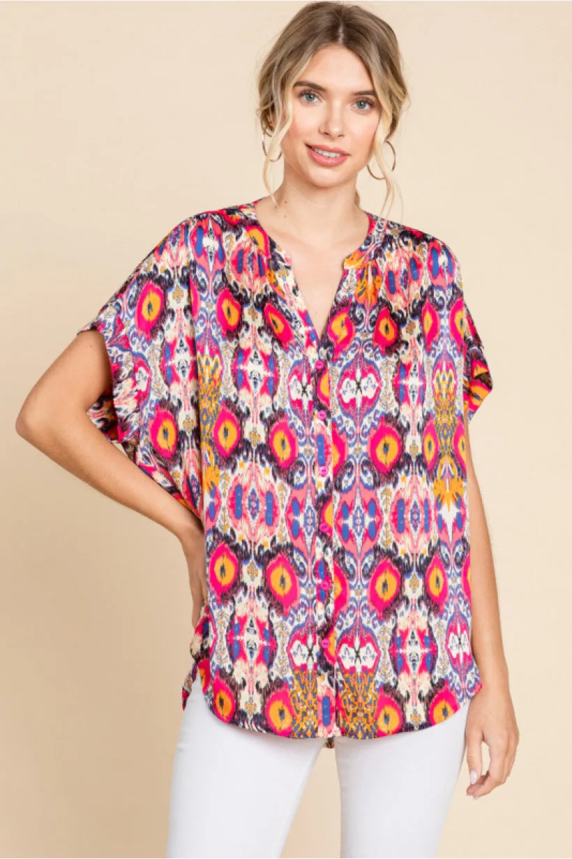 Satin Print Top W/Slit U-Neck