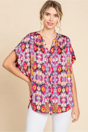 Satin Print Top W/Slit U-Neck