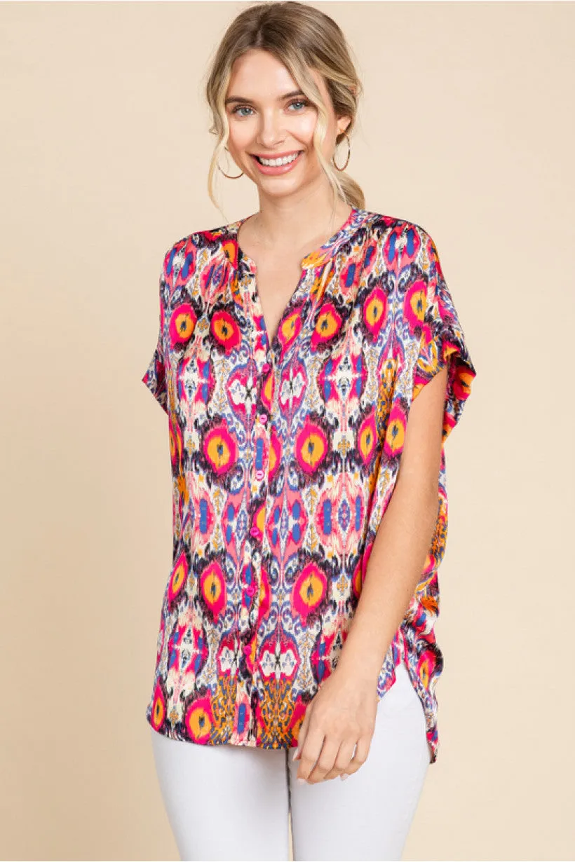Satin Print Top W/Slit U-Neck