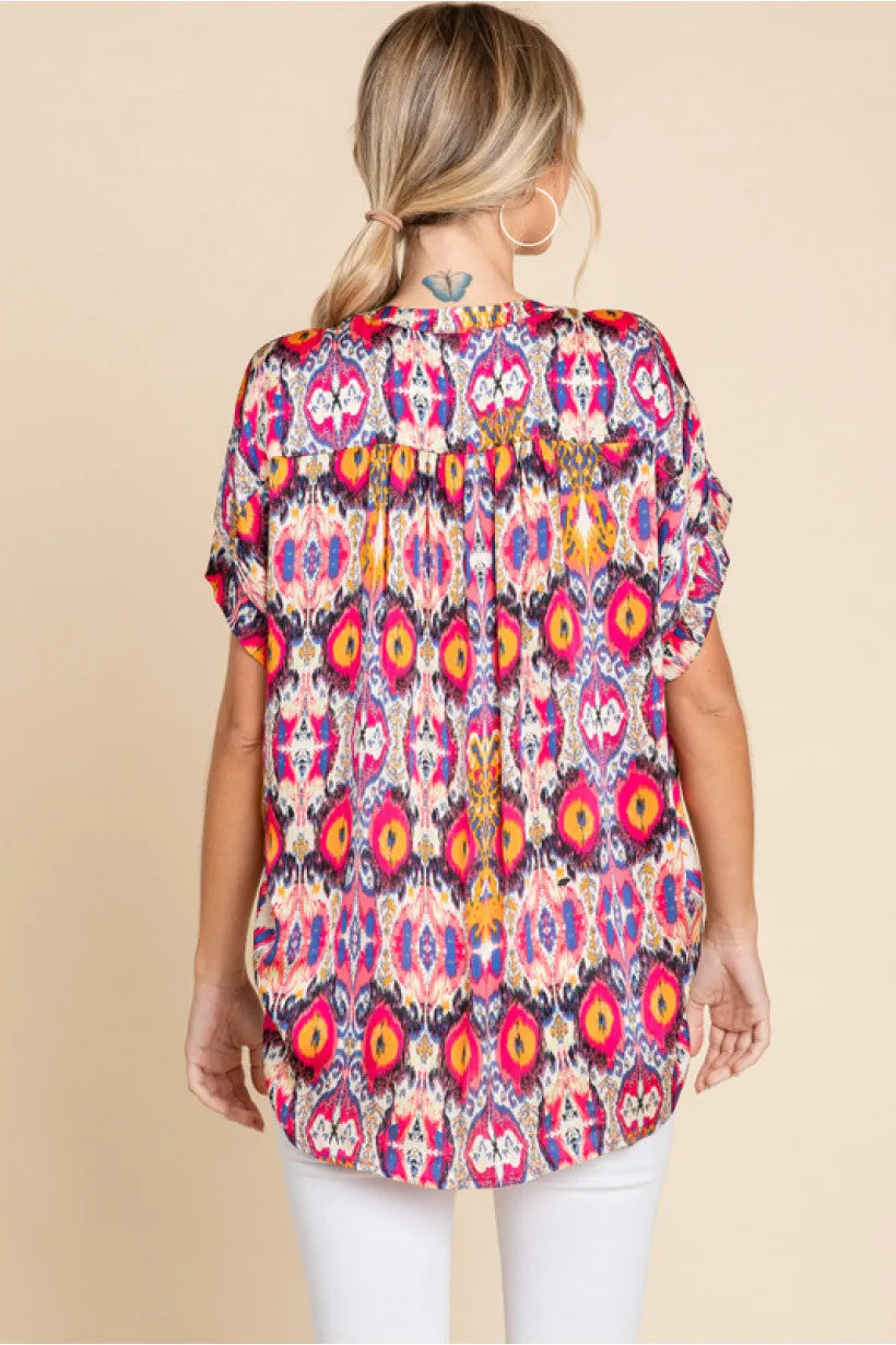 Satin Print Top W/Slit U-Neck