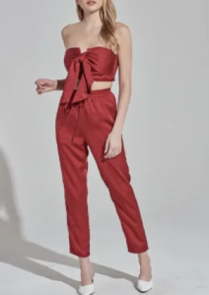Satin Strapless Ruched Back Tie Front Bandeau