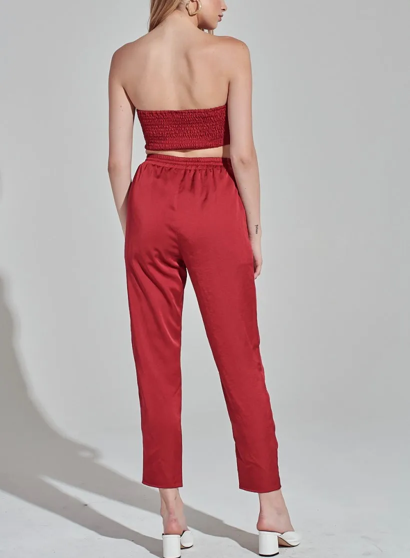Satin Strapless Ruched Back Tie Front Bandeau