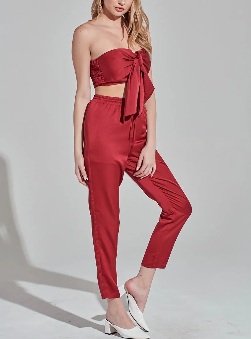 Satin Strapless Ruched Back Tie Front Bandeau