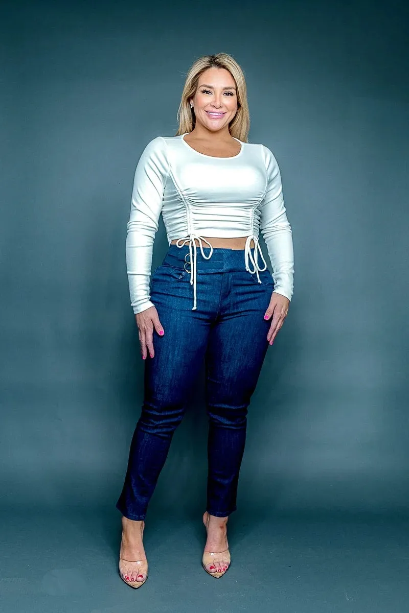 SCOOP NECK LONG SLEEVE RUCHED TOP