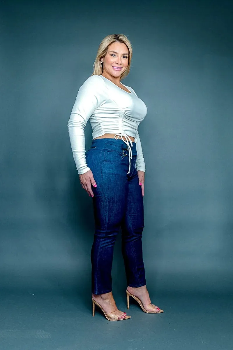 SCOOP NECK LONG SLEEVE RUCHED TOP