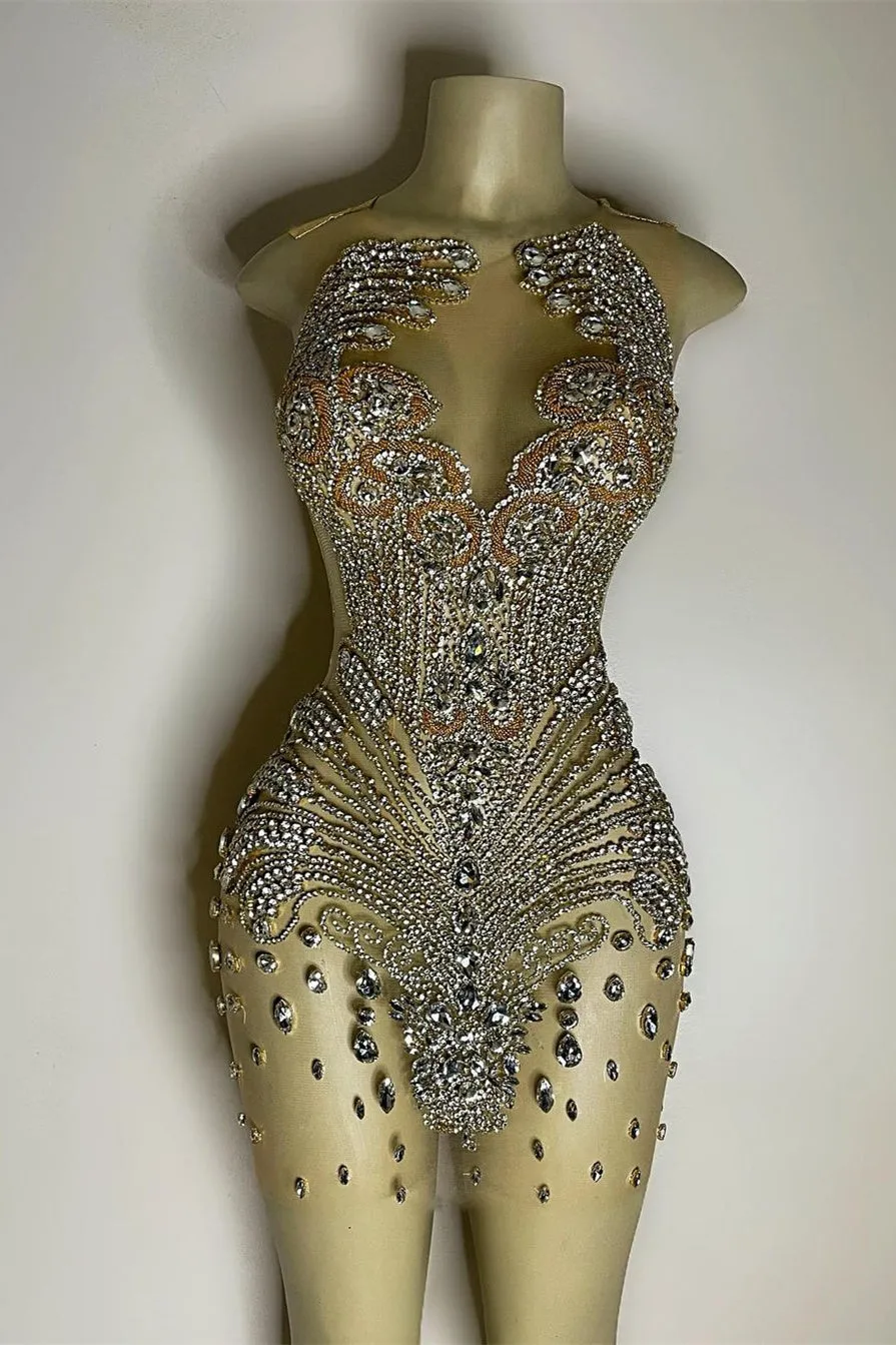 Sequined Mermaid Jewel Jersey Beading Sleeveless Mini Rhinestone Party Dress