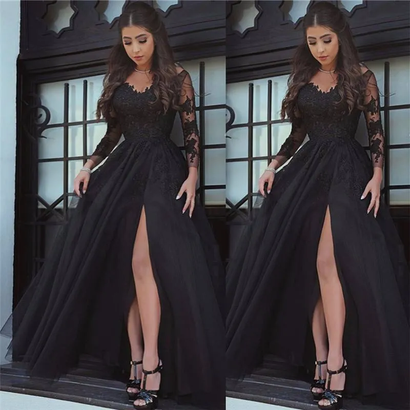 Sexy A Line Black Lace Long-Sleeved Slit Prom Evening Dresses