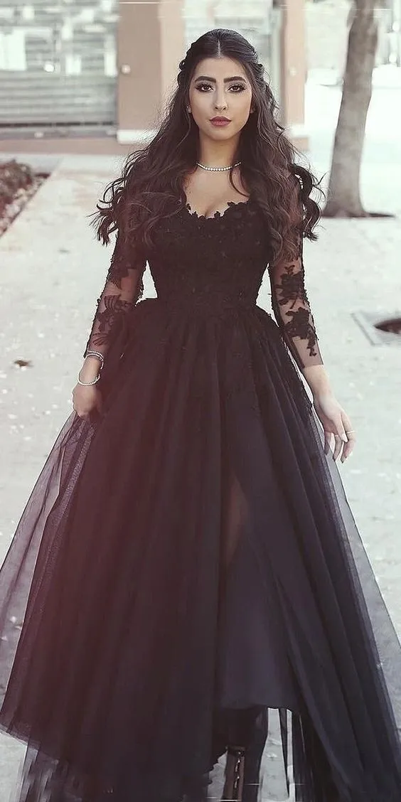 Sexy A Line Black Lace Long-Sleeved Slit Prom Evening Dresses