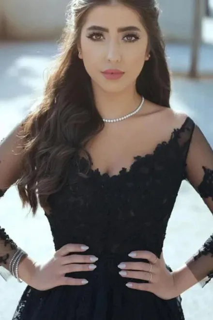 Sexy A Line Black Lace Long-Sleeved Slit Prom Evening Dresses