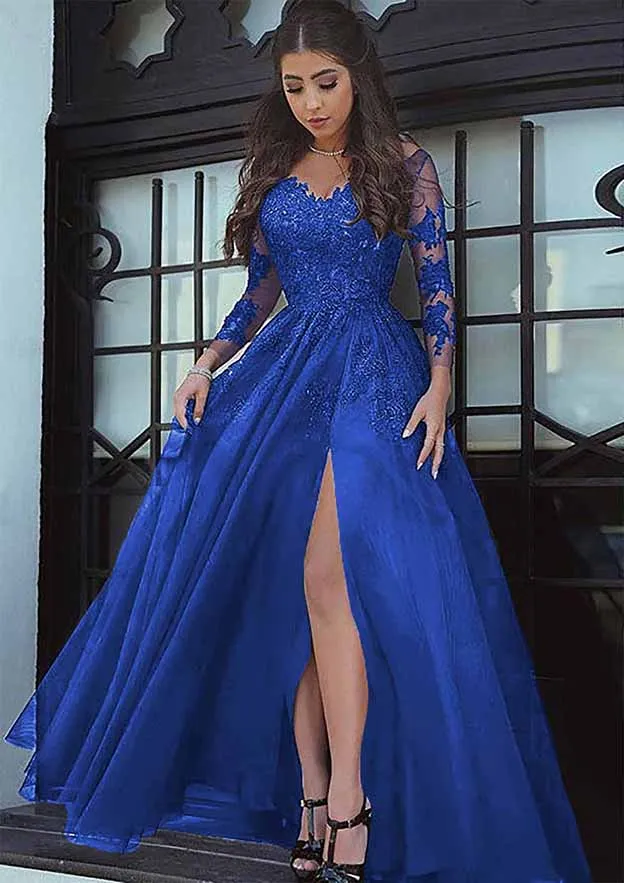 Sexy A Line Black Lace Long-Sleeved Slit Prom Evening Dresses