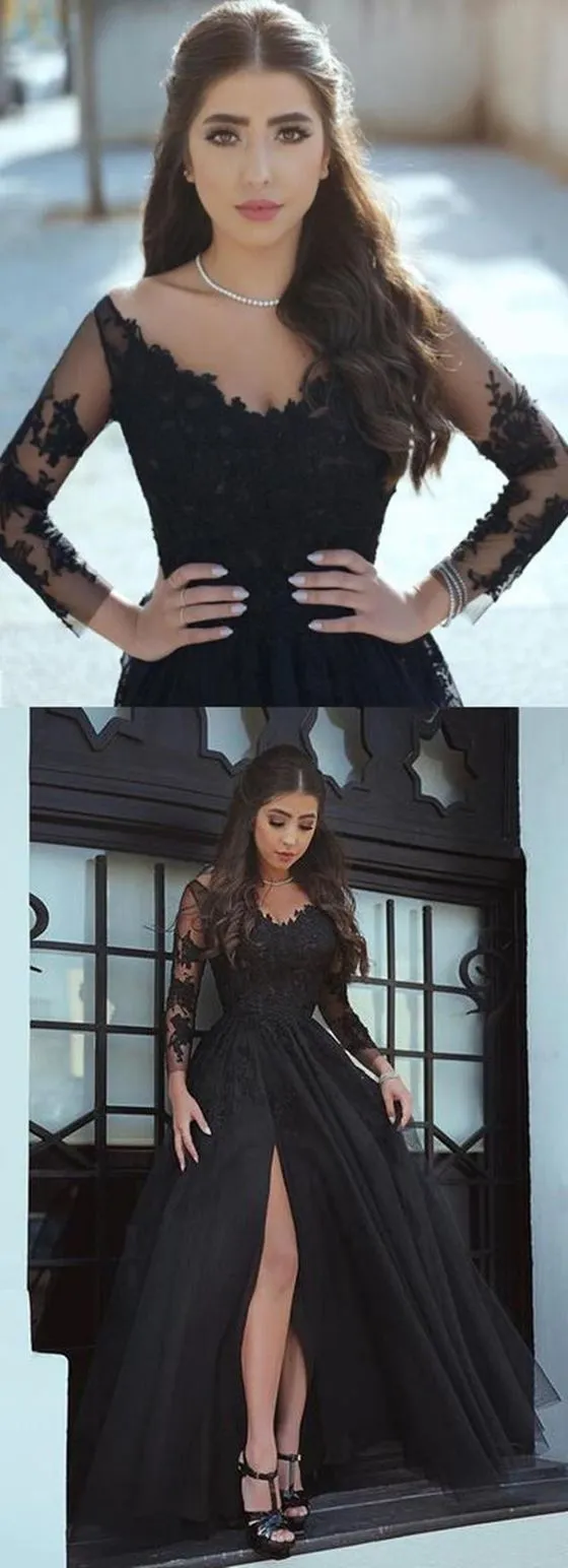 Sexy A Line Black Lace Long-Sleeved Slit Prom Evening Dresses