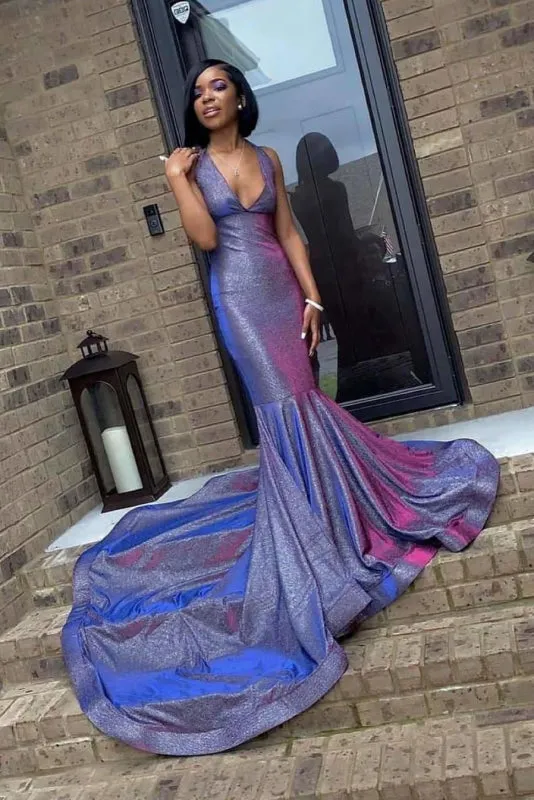 Shiny Halter Sleeveless Backless Prom Dresses with Train