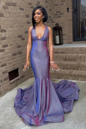 Shiny Halter Sleeveless Backless Prom Dresses with Train