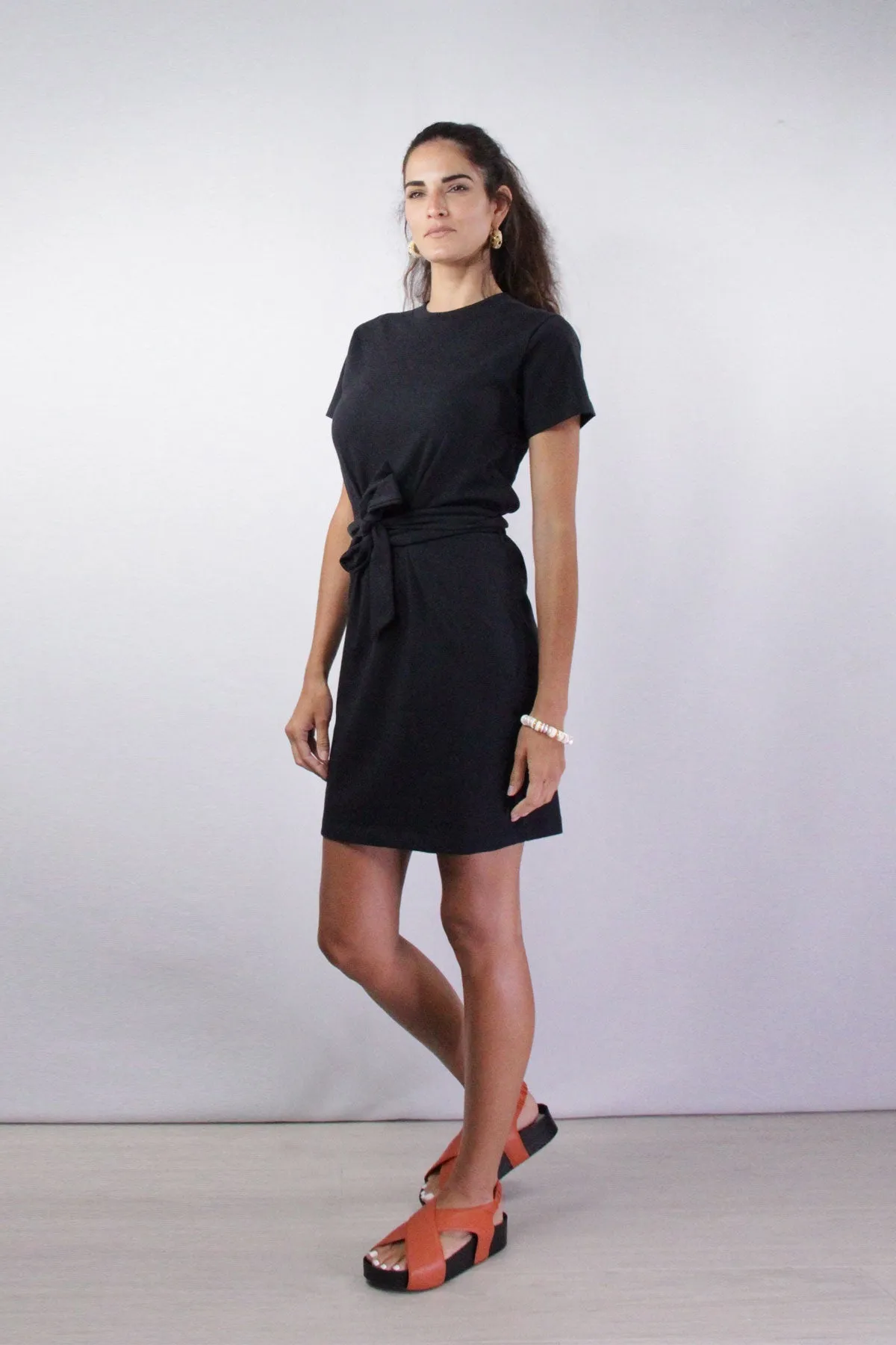 Short Sleeve Waist Tie Dress in Coastal Blue