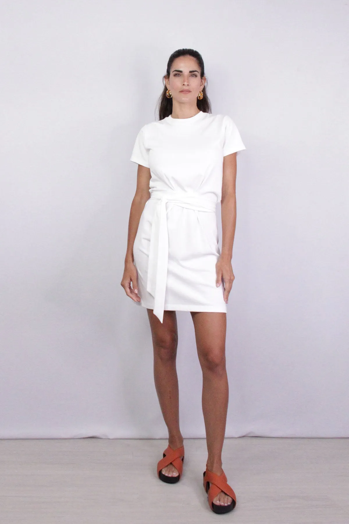 Short Sleeve Waist Tie Dress in Optic White