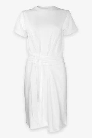 Short Sleeve Waist Tie Dress in Optic White
