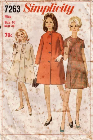 Simplicity 7263 Womens A Line Dress & Coat 1960s Vintage Sewing Pattern Size 16 Bust 36 inches