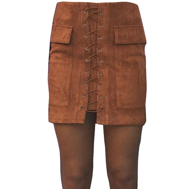 Slim High Waist Lace Up Suede Skirt