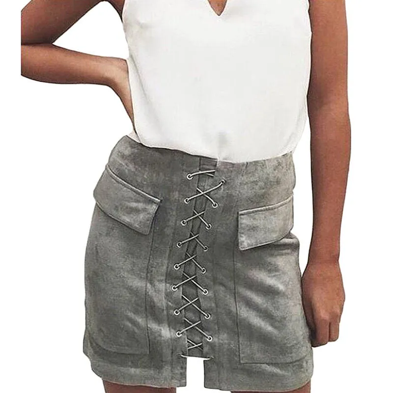 Slim High Waist Lace Up Suede Skirt