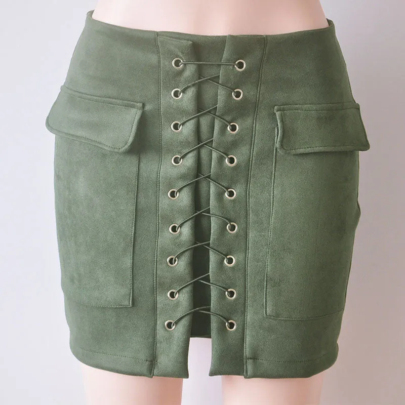 Slim High Waist Lace Up Suede Skirt