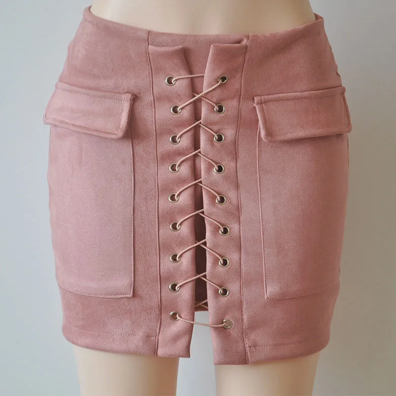 Slim High Waist Lace Up Suede Skirt
