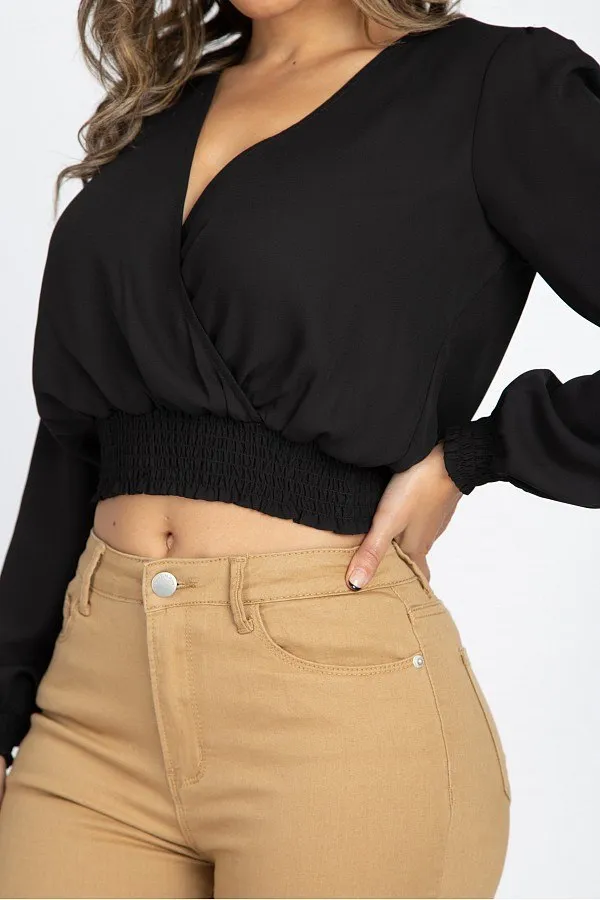 Smocked Hem Wrap Crop Top