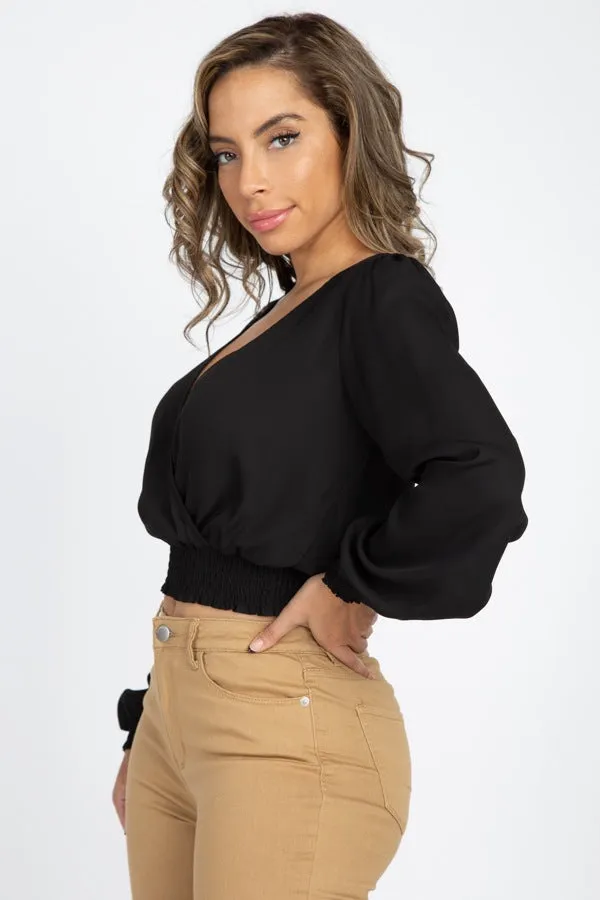 Smocked Hem Wrap Crop Top